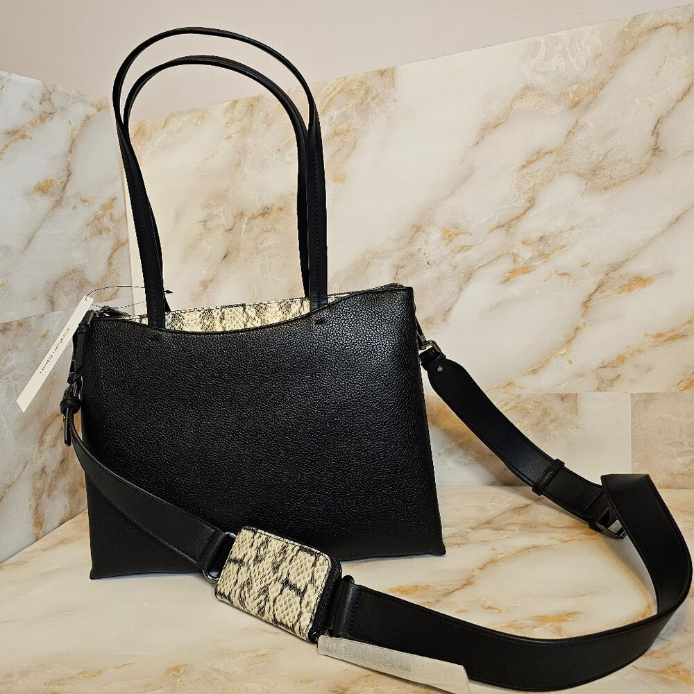 Calvin Klein “Chrome” Top Zipper Convertible Tote w/ Zipper Pouch, Black & White